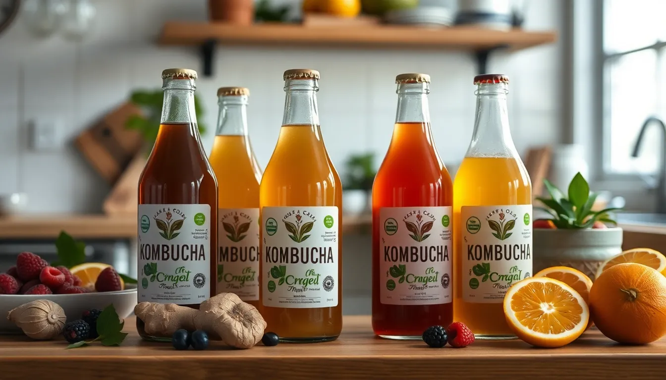 다양한 종류의 콤부차 병과 신선한 과일이 놓여 있는 건강한 이미지