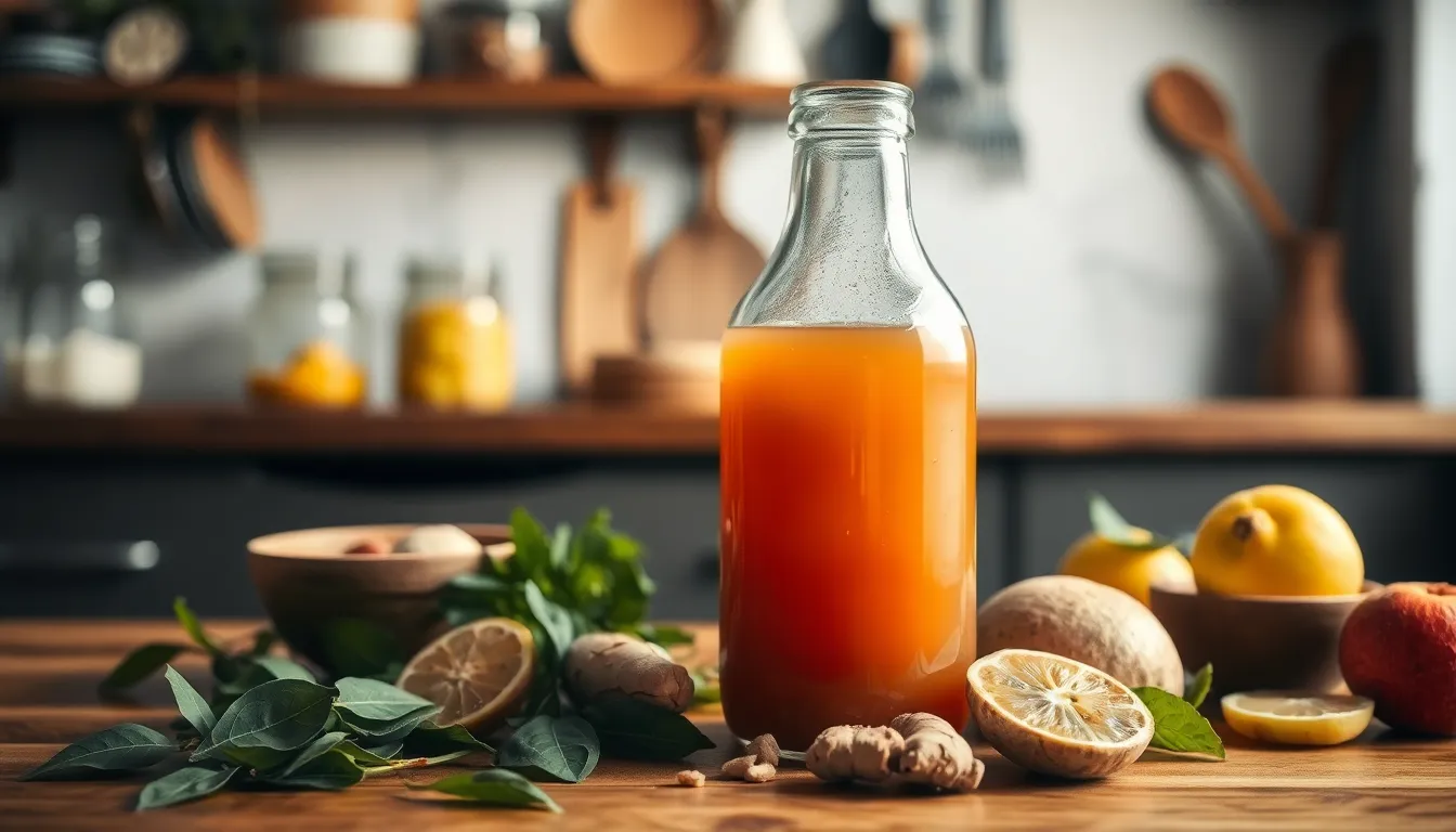 다양한 과일이 들어간 콤부차와 신선한 재료들