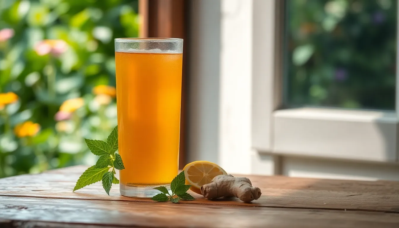 신선한 과일과 콤부차 한 잔이 놓여있는 여름 배경