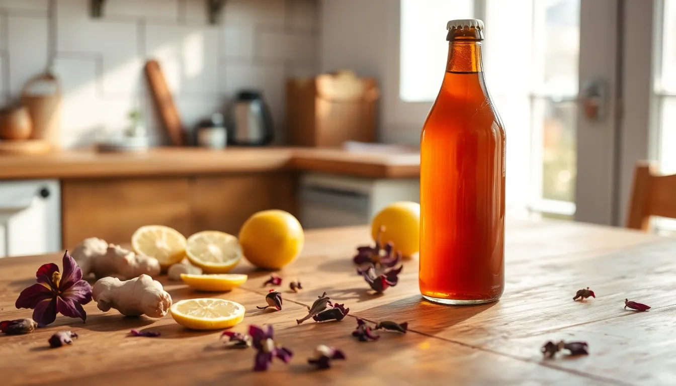 다양한 과일과 허브로 맛을 낸 콤부차 이미지