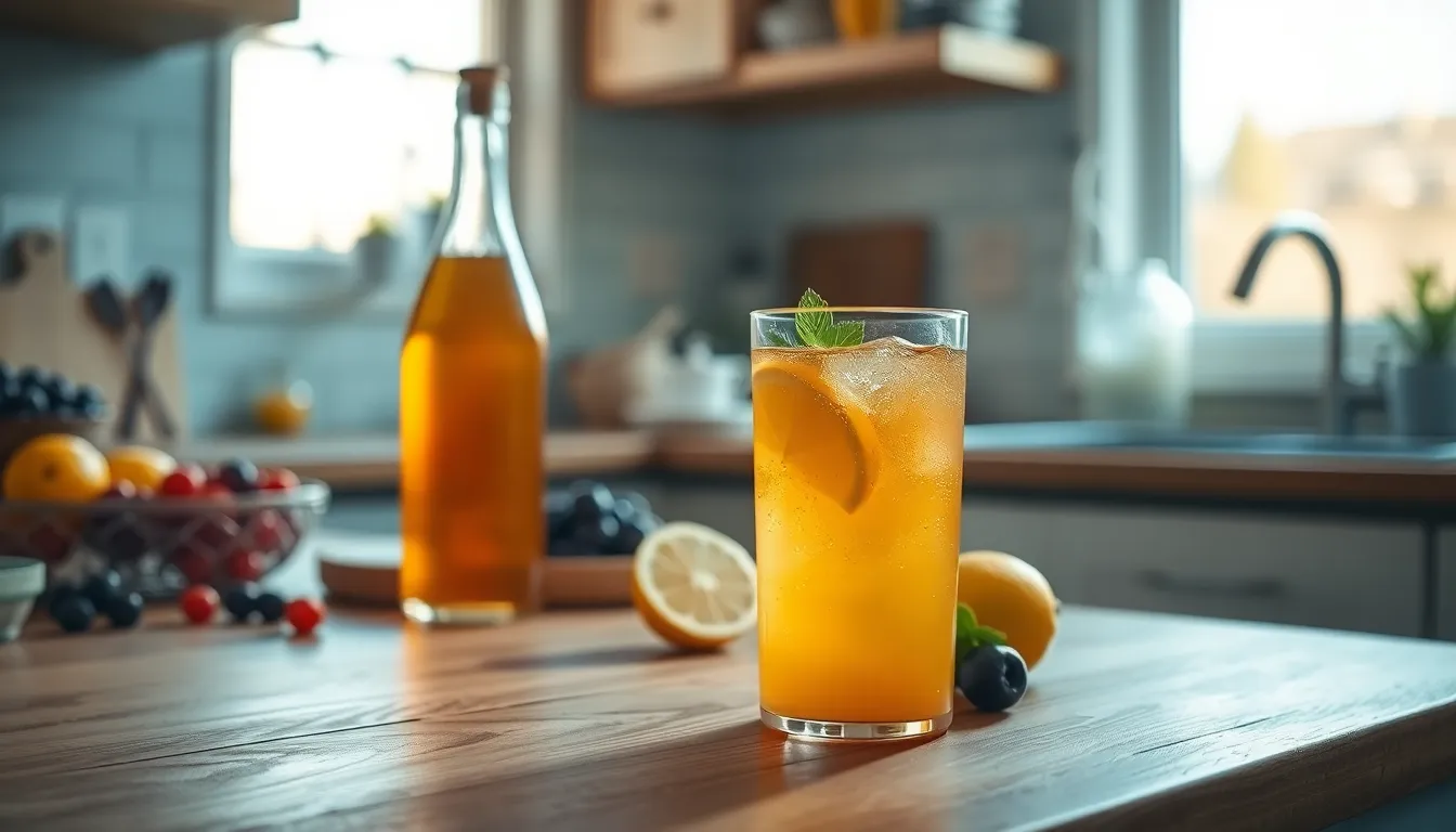 다양한 맛과 색깔의 콤부차 병들이 놓여있는 이미지