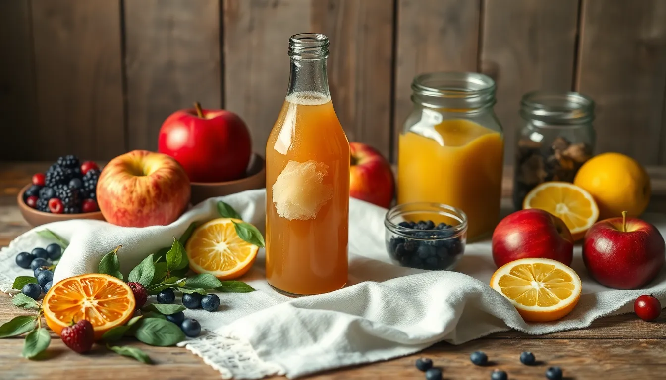 신선한 콤부차와 과일 재료들